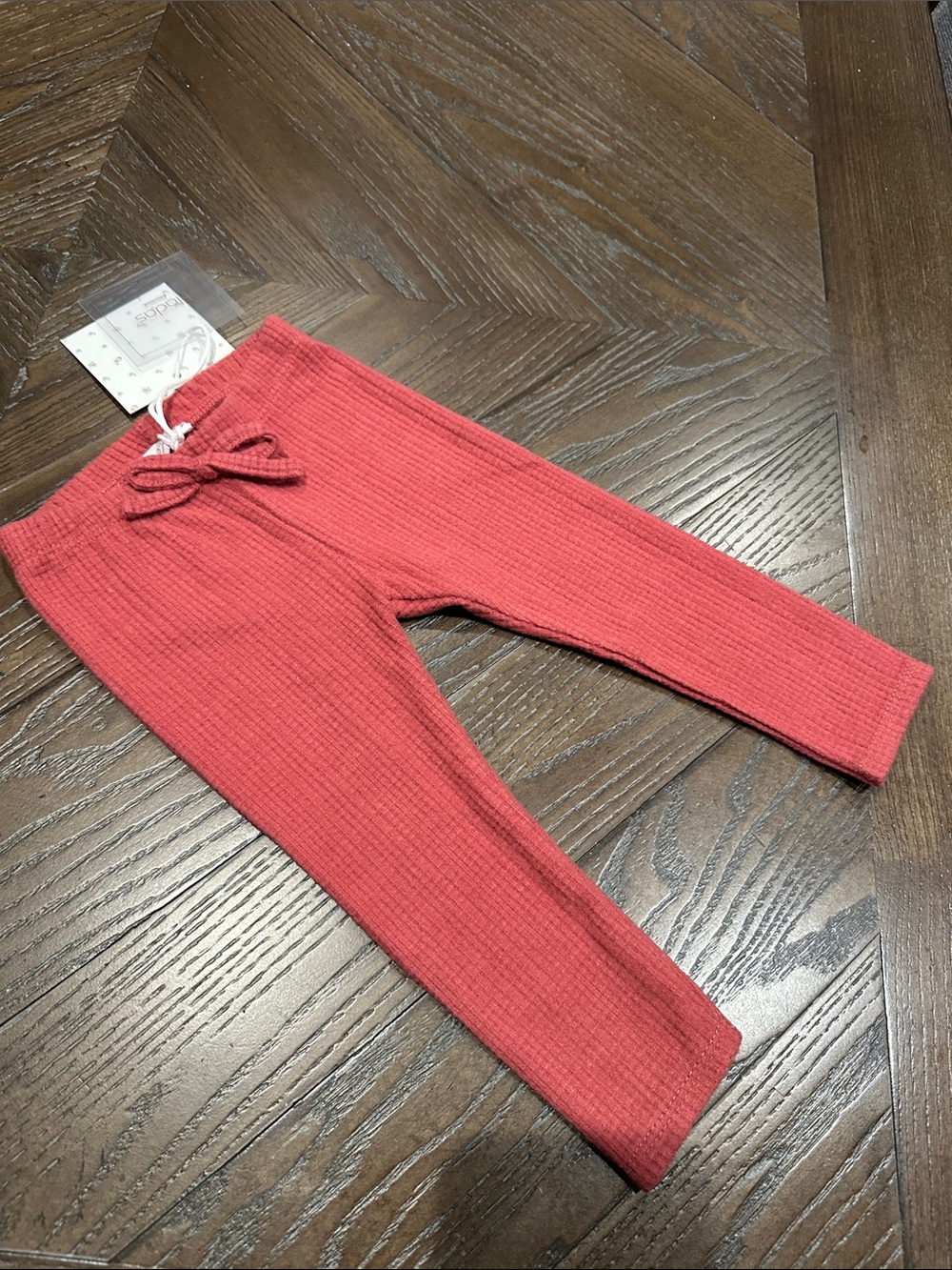 Coral Ribbed Knit Leggings with Waist Tie
